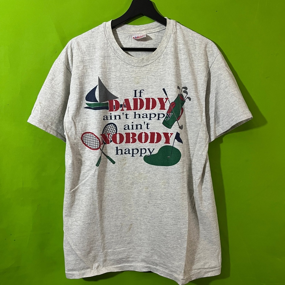 Vintage Hanes Heavyweight Daddy Aint Happy Graphic T-Shirt Gray Mens Large USA